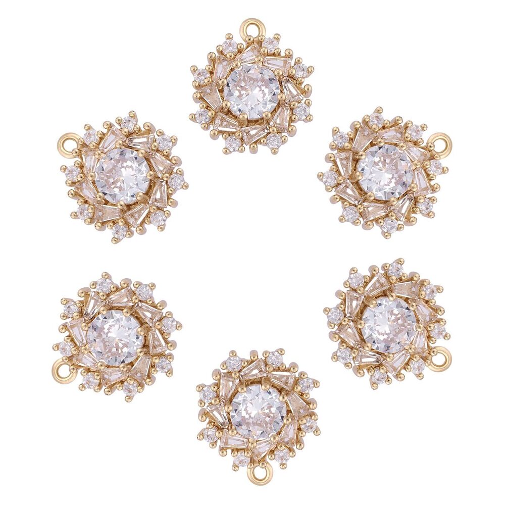 9848 6 Pieces Flower Charm Pendant Brass Flower Cubic Zirconia Charm